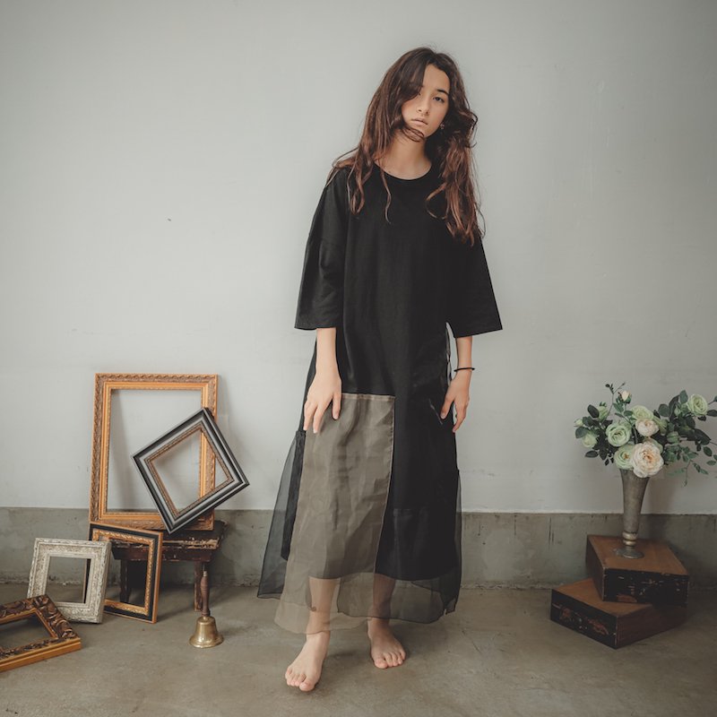 オーガンジー切り替えソフトワンピース/0（145~155）・1（Free）