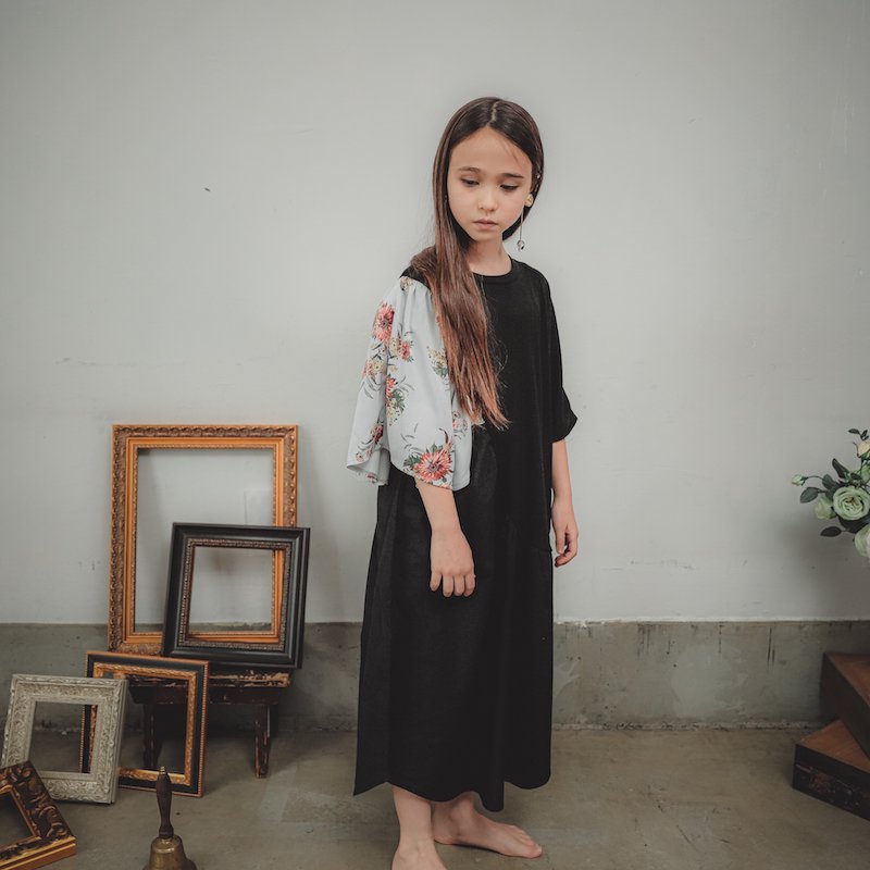 サテン花柄アシンメトリーワンピース/SS・S・M