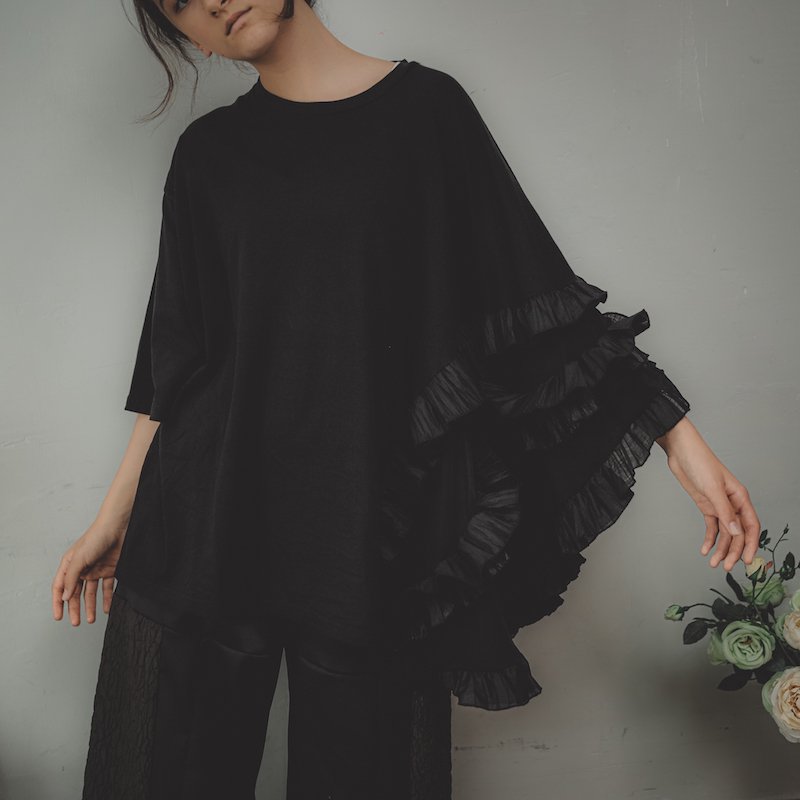 アシンメトリープリーツフリルTシャツ/0（145~155）・1（Free）