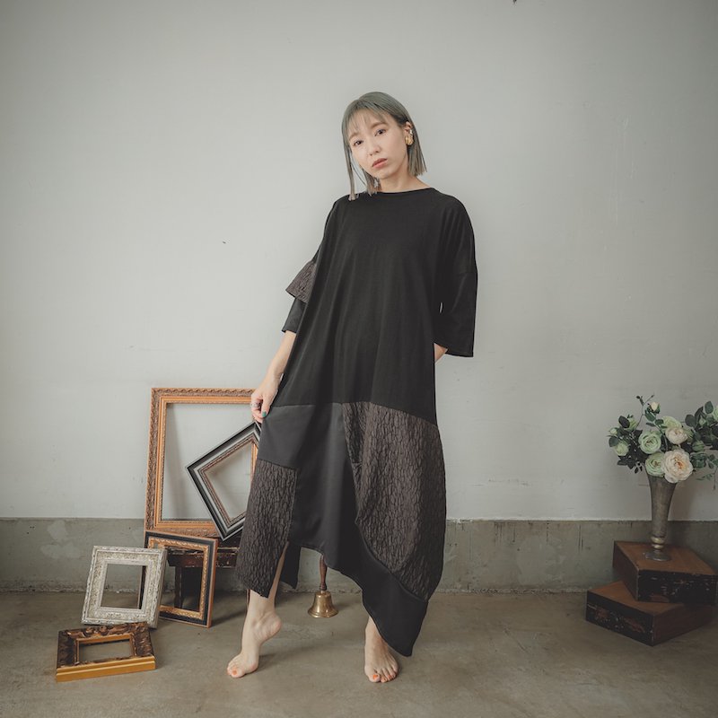 異素材切り替えアシンメトリーワンピース/0（145~155）・1（Free）